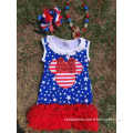 2015 hot SELL blue & white star with red ruffle dress 4th of July baby girl dress with matching necklace and bow